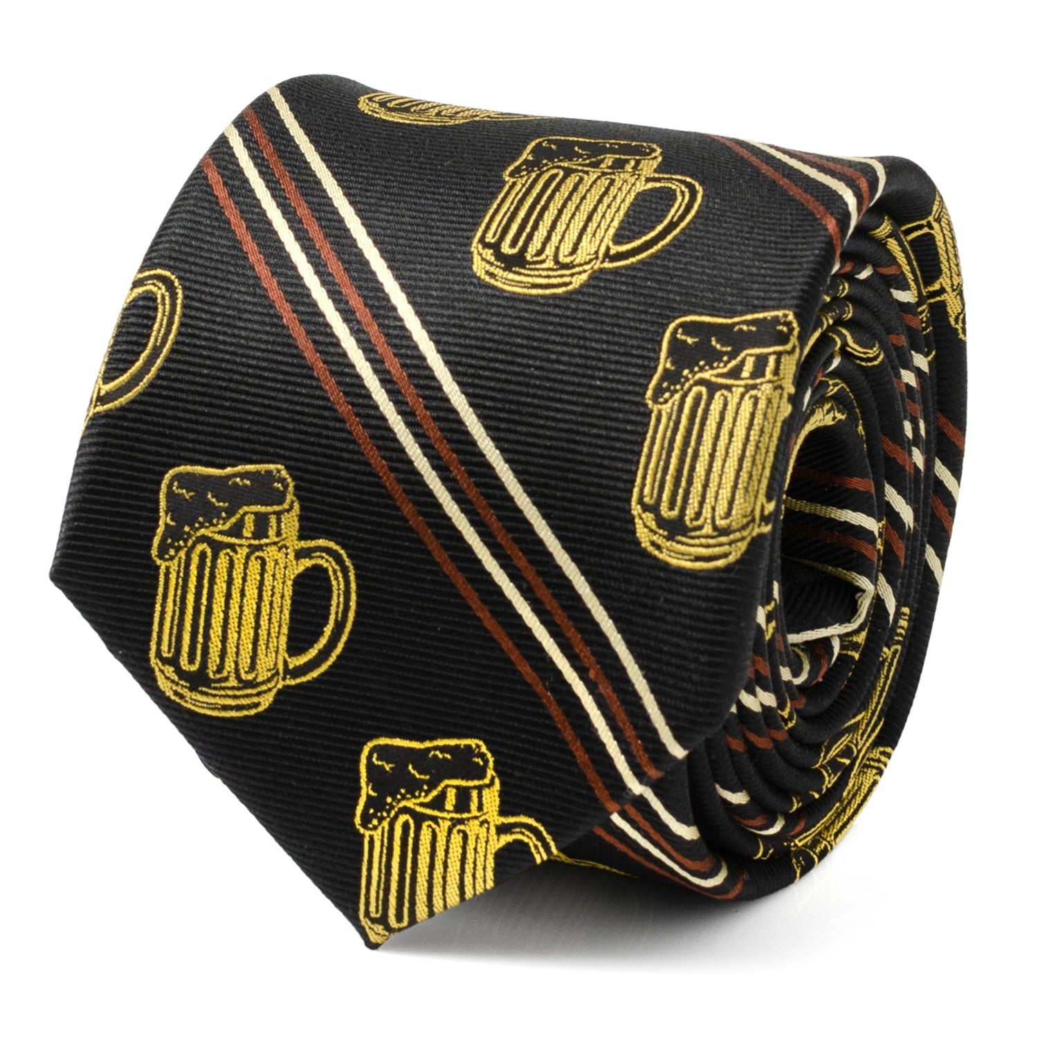 Beer Aficionado black necktie featuring gold beer mug patterns and diagonal brown and tan stripes