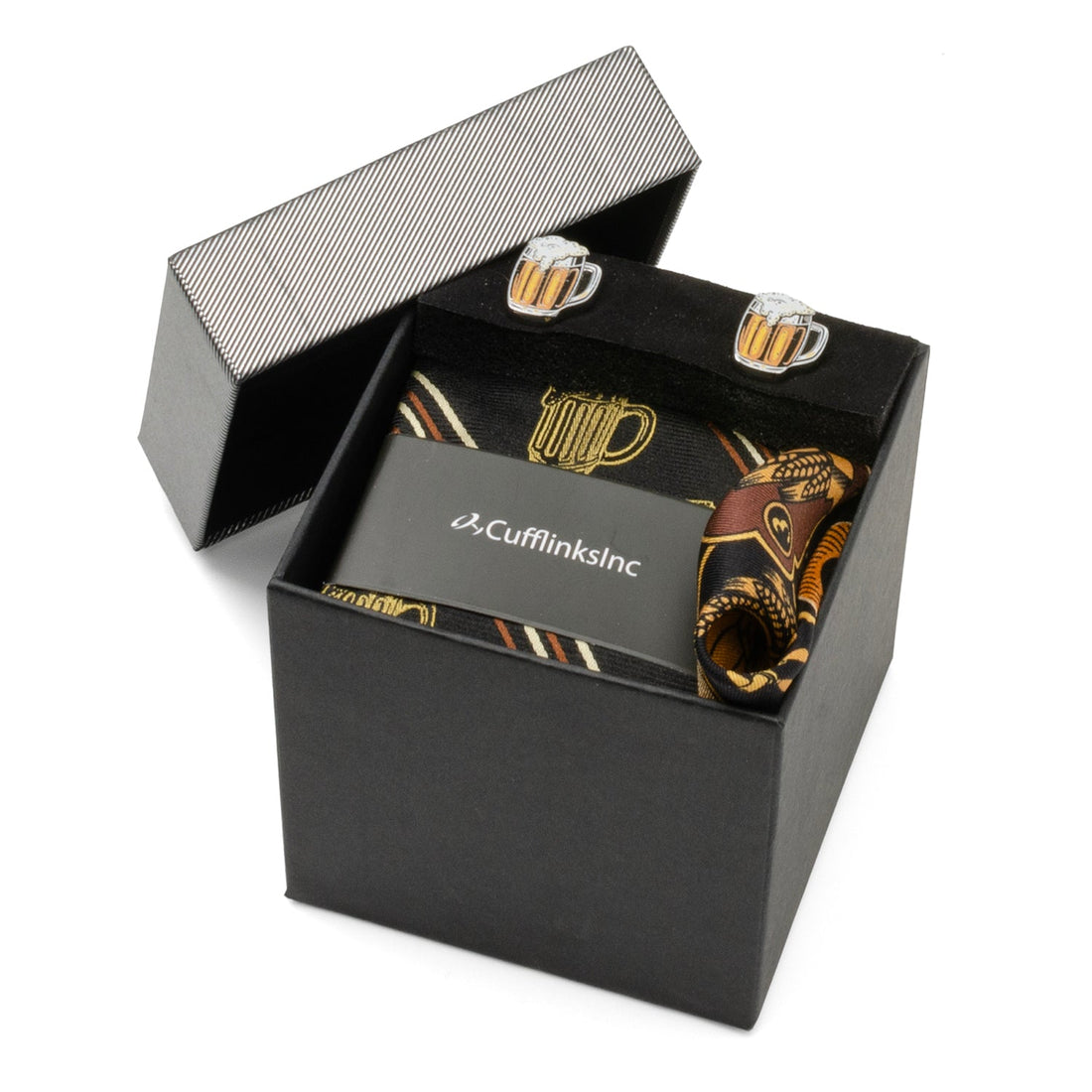 Beer Mug Theme Men's Gift Set with Tie, Pocket Square, and Cufflinks