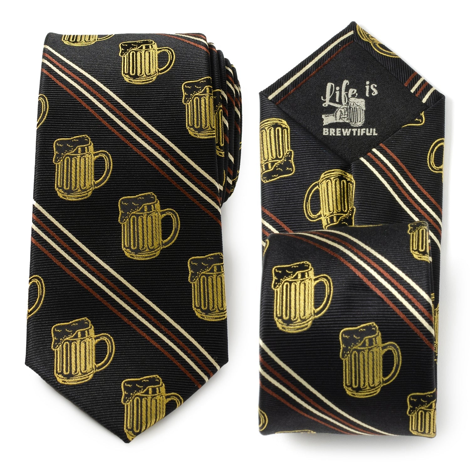 Beer Mug Theme Men's Gift Set with Tie, Pocket Square, and Cufflinks