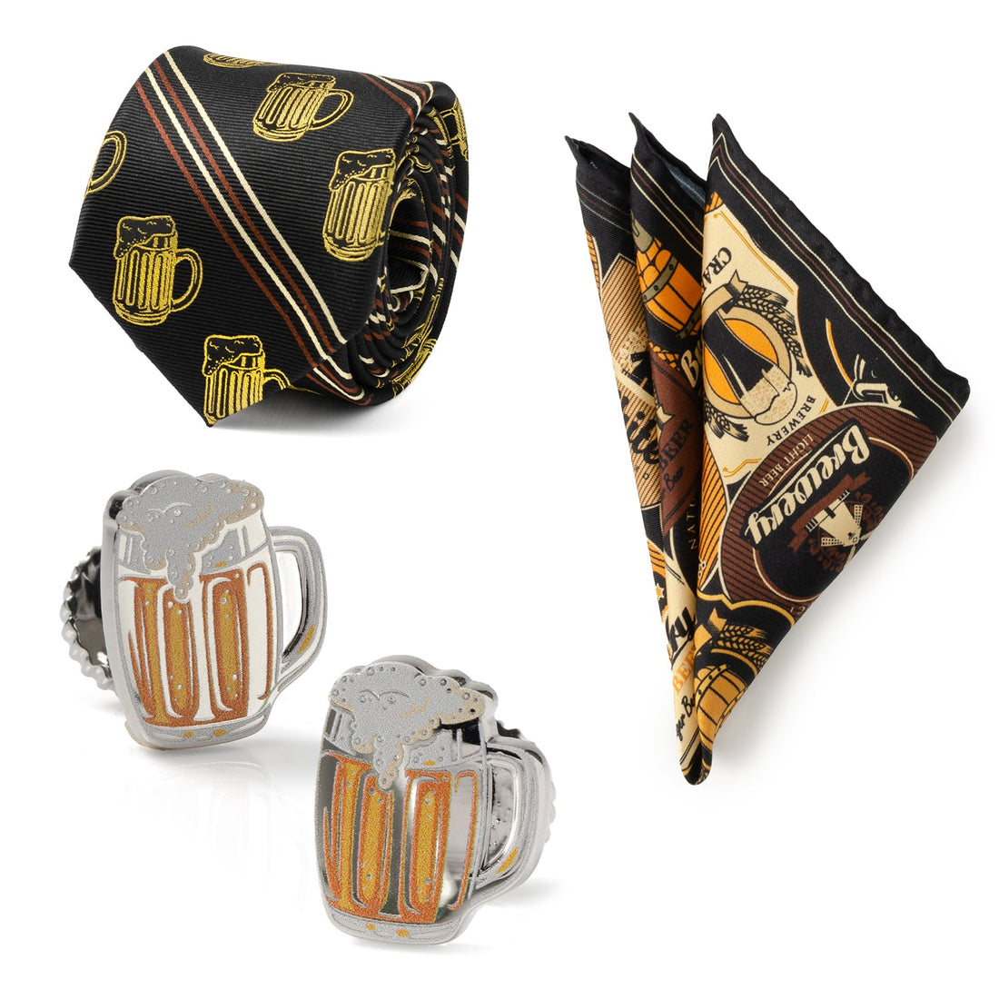 Beer Mug Theme Men's Gift Set with Tie, Pocket Square, and Cufflinks