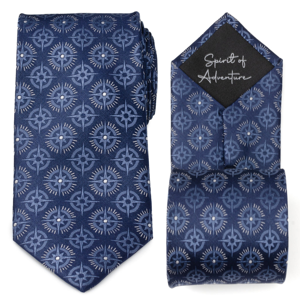 Navy blue mens necktie with white compass pattern and Spirit of Adventure text on the reverse side