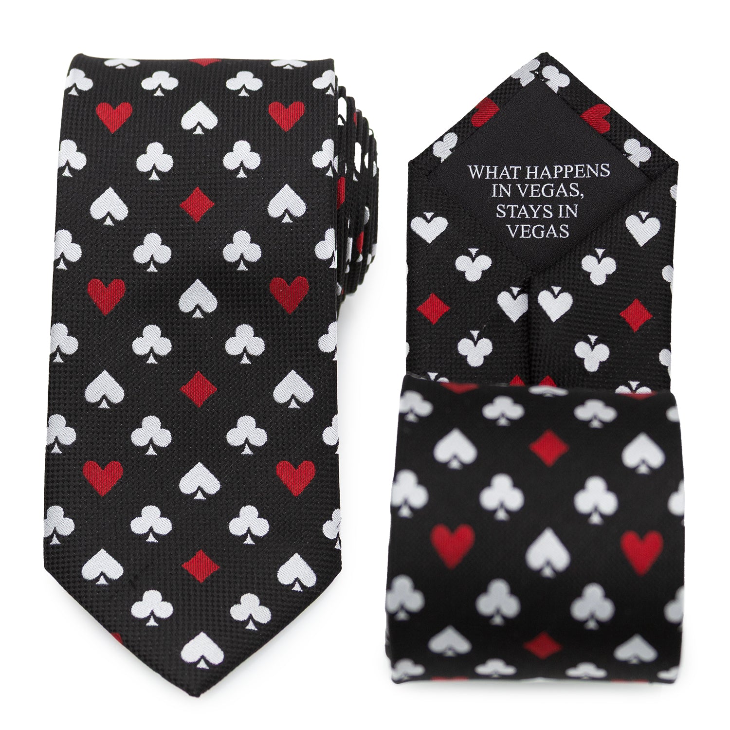 Close up of a black necktie featuring a repeating pattern of white and red playing card suits, with a hidden message on the back