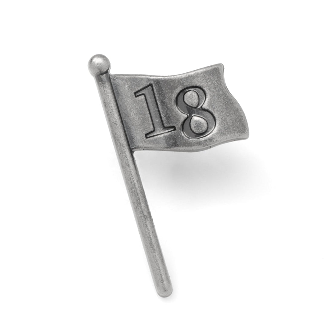 Close-up of a Golf 18th Hole Lapel Pin in antique silver attached to a navy blue blazer.