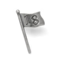 Close-up of a Golf 18th Hole Lapel Pin in antique silver attached to a navy blue blazer.