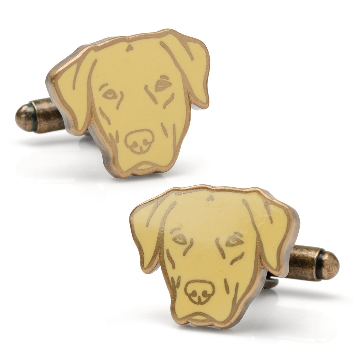 A pair of yellow labrador retriever shaped cufflinks made of base metal on a white background.