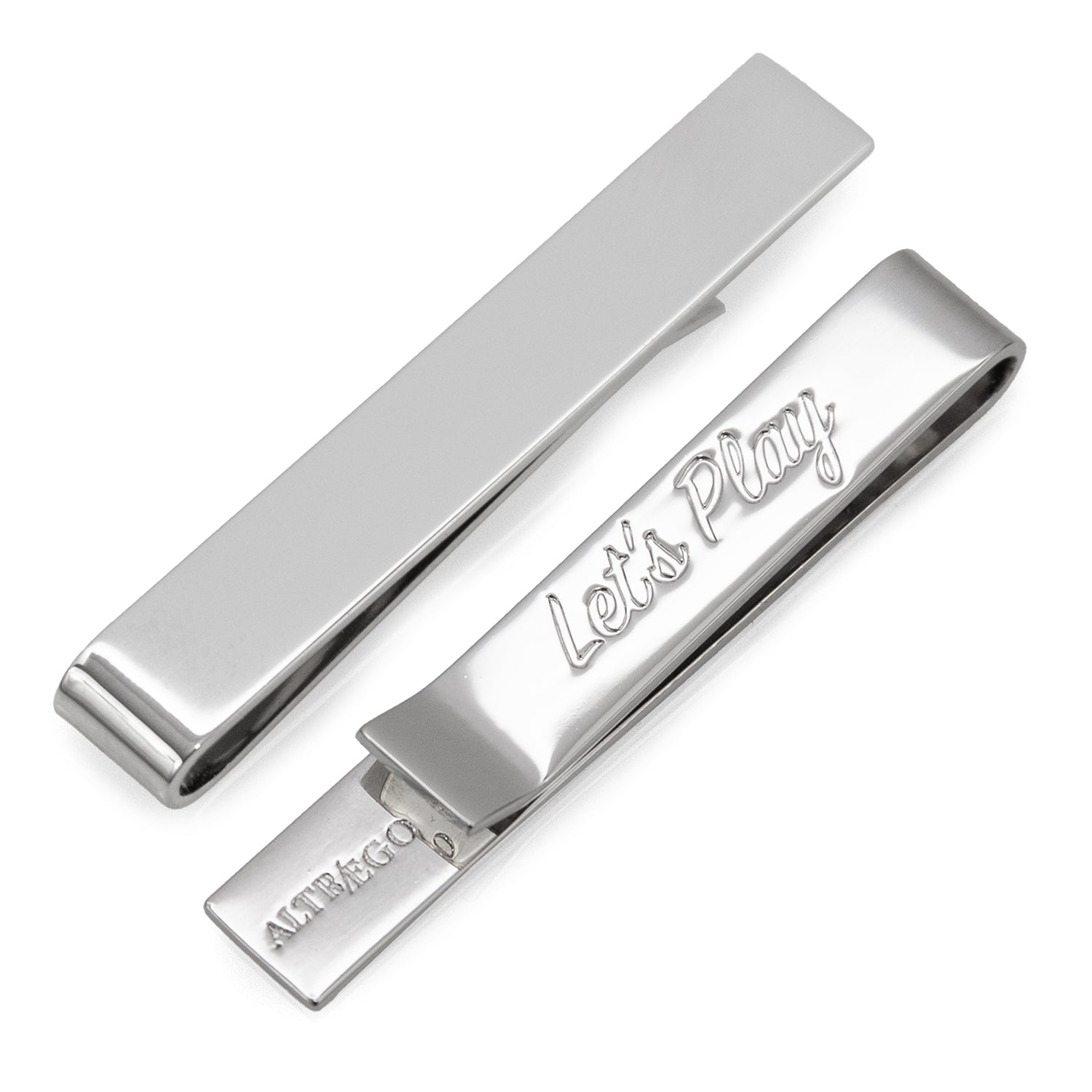Polished silver tone tie bar with hidden Let's Play message engraving