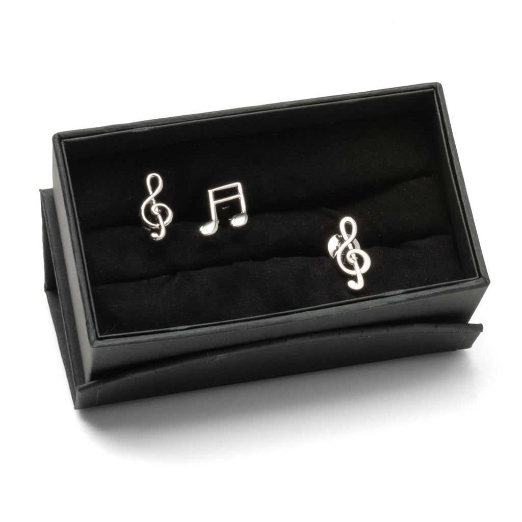 Silver Music Note Cufflinks and Lapel Pin Gift Set - Image 2
