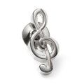 A silver treble clef shaped lapel pin attached to the gray lapel of a suit jacket.