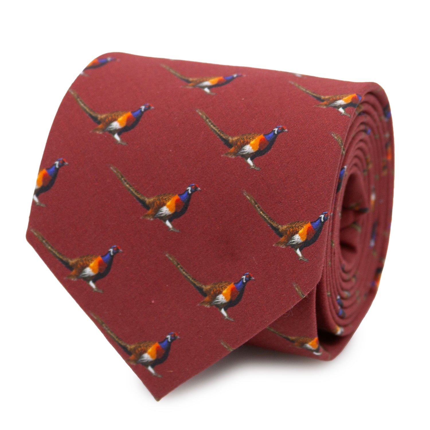 A close-up and flat-lay view of a burgundy men's necktie featuring an all-over print of colorful pheasants.