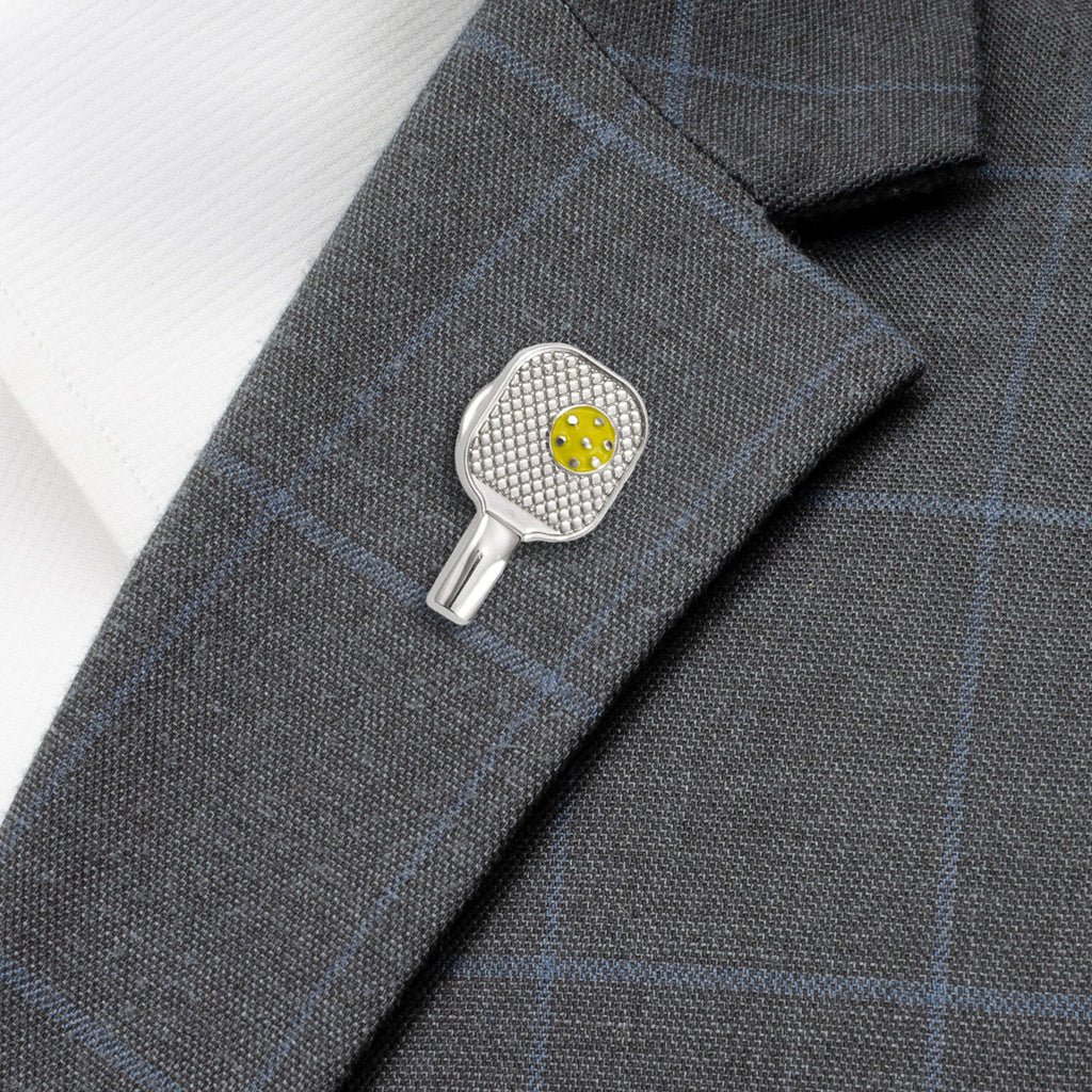 Silver Pickleball Racket Lapel Pin with Yellow Ball Detail - Image 2