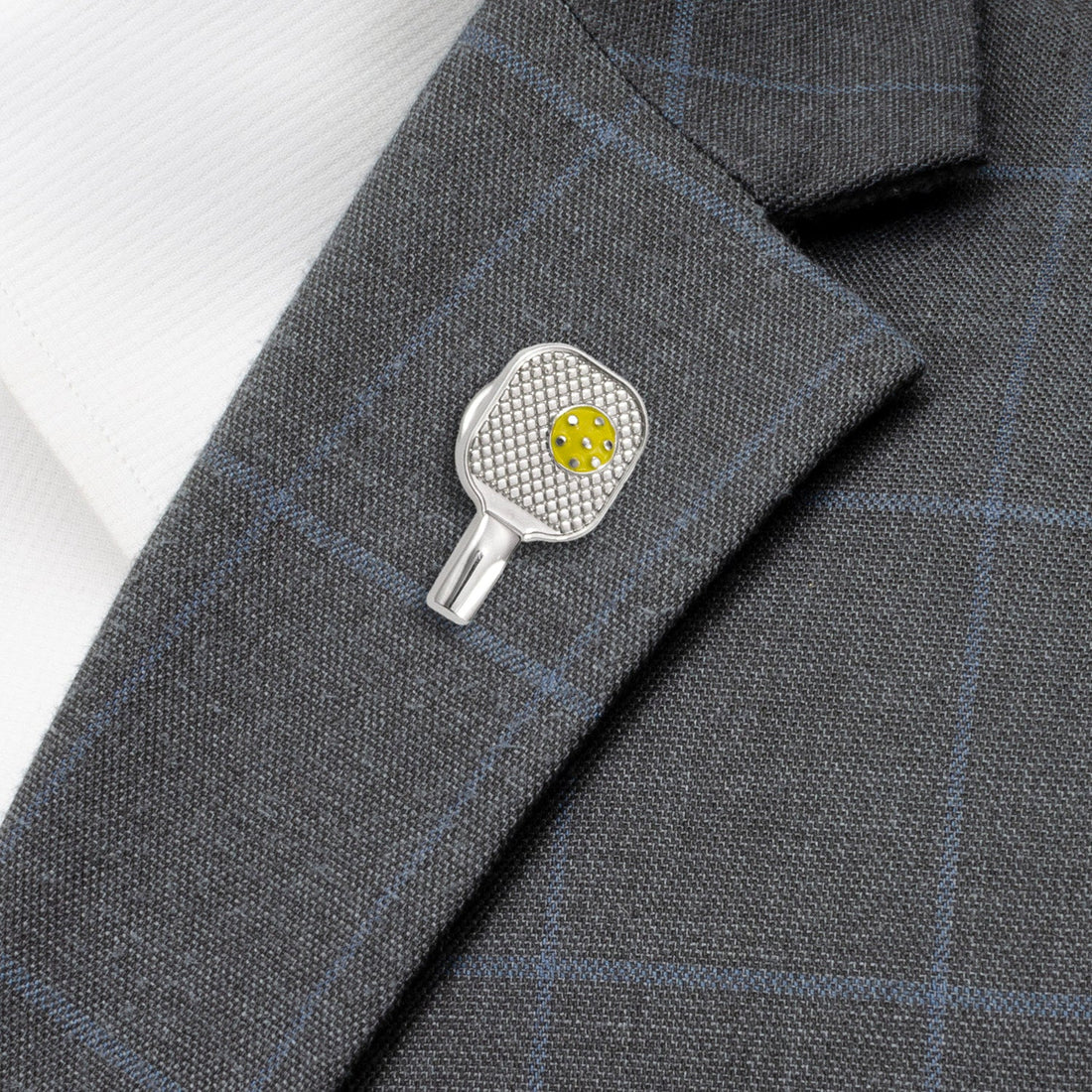 Silver Pickleball Racket Lapel Pin with Yellow Ball Detail - Image 2