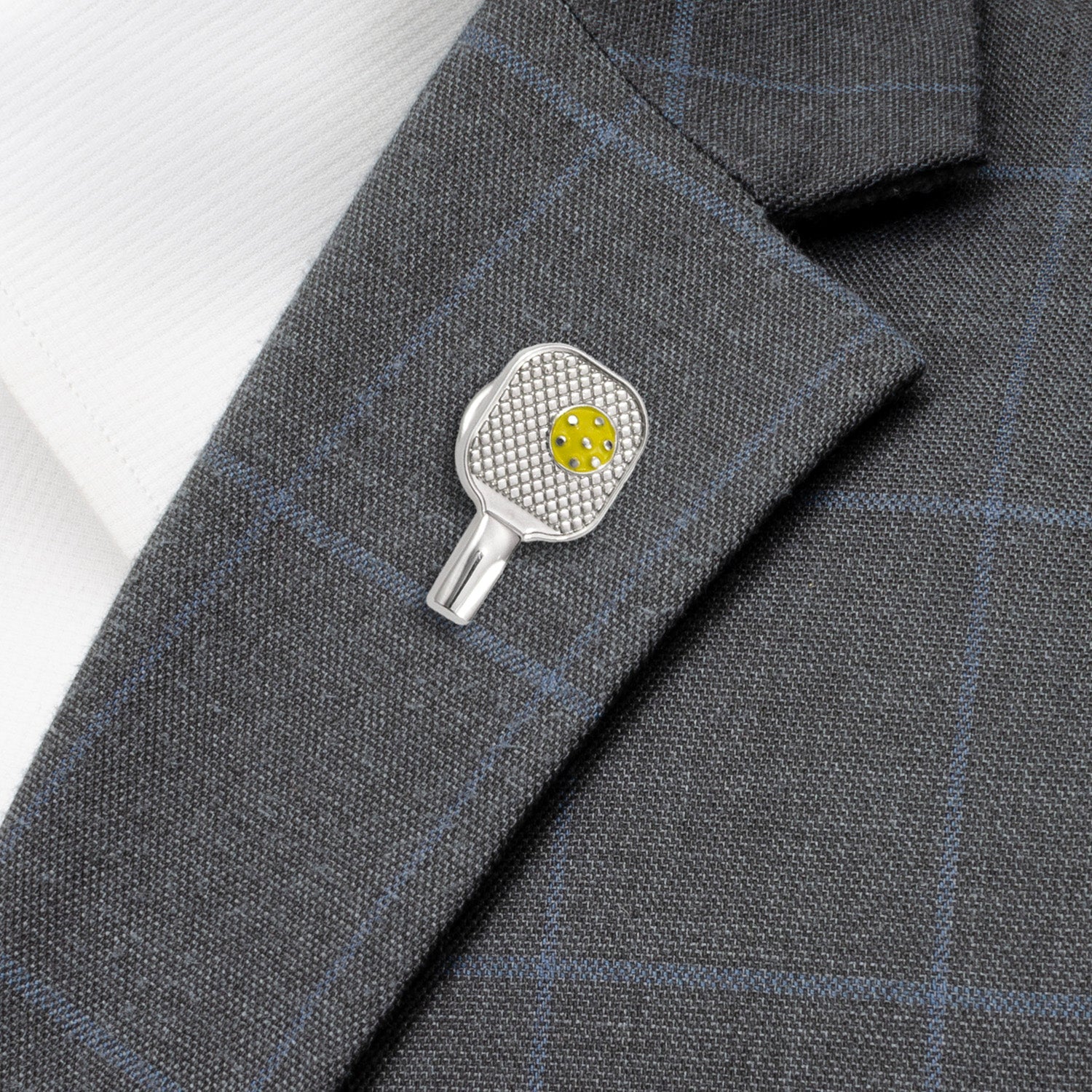 Silver Pickleball Racket Lapel Pin with Yellow Ball Detail - Image 2