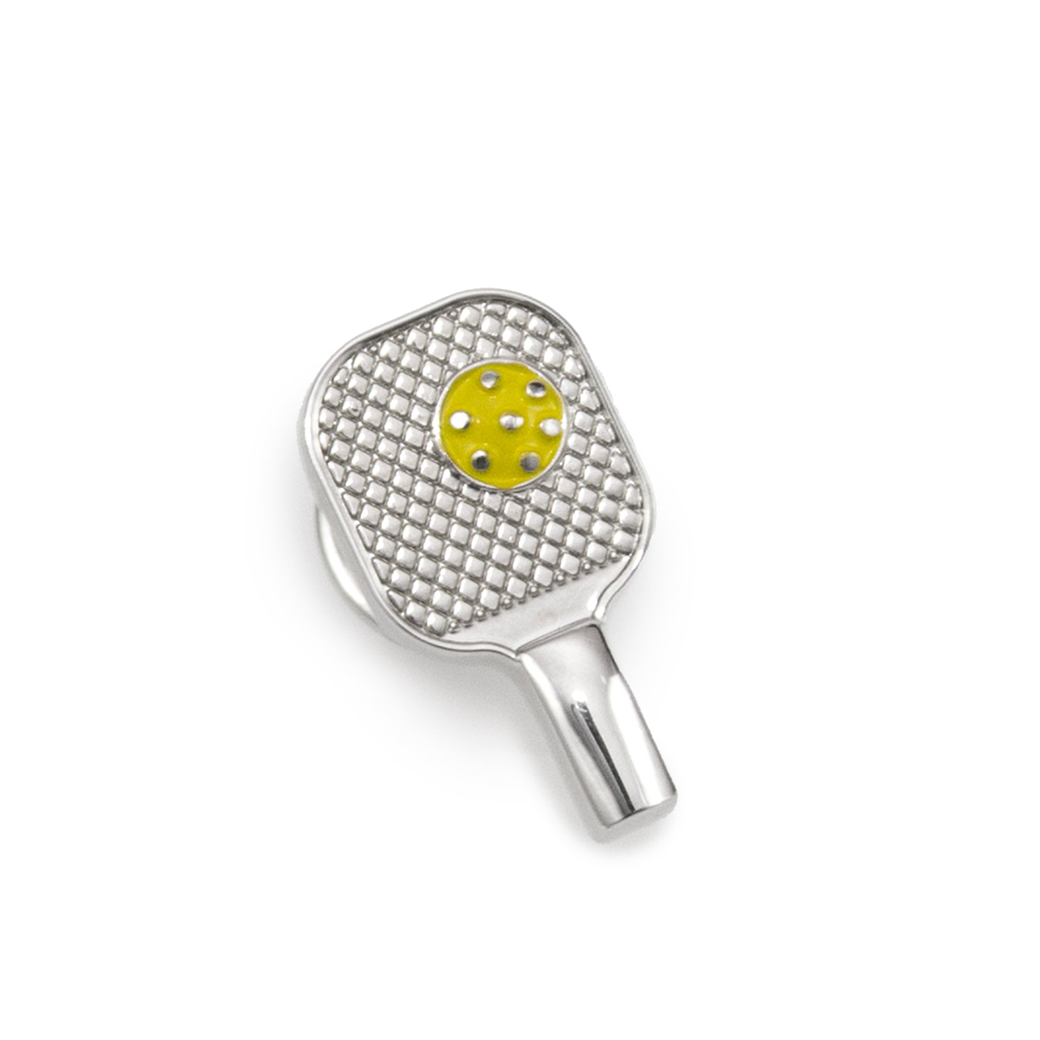 Close-up of a silver pickleball racket lapel pin with a yellow ball detail pinned to a gray suit jacket.