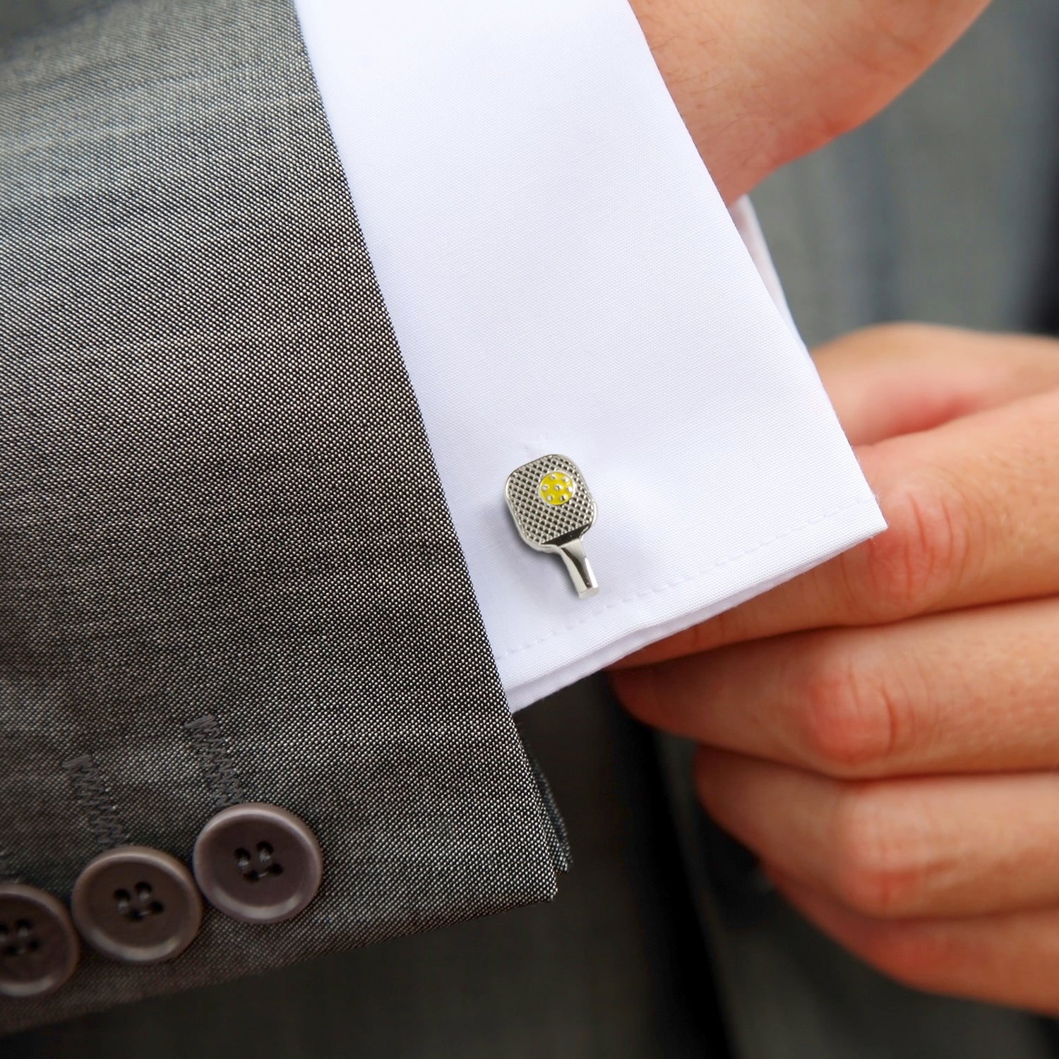 Silver Pickleball Racket Cufflinks with Yellow Ball Accent - Image 2