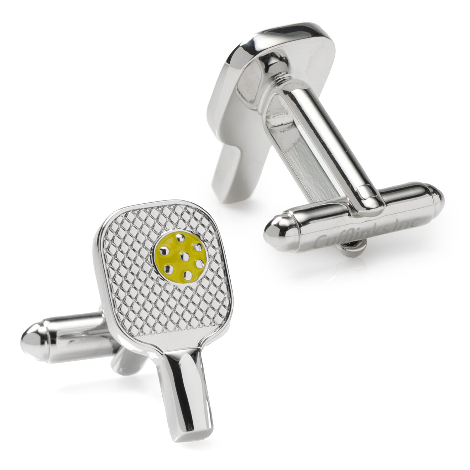 Silver Pickleball Racket Cufflinks with Yellow Ball Accent - Image 3