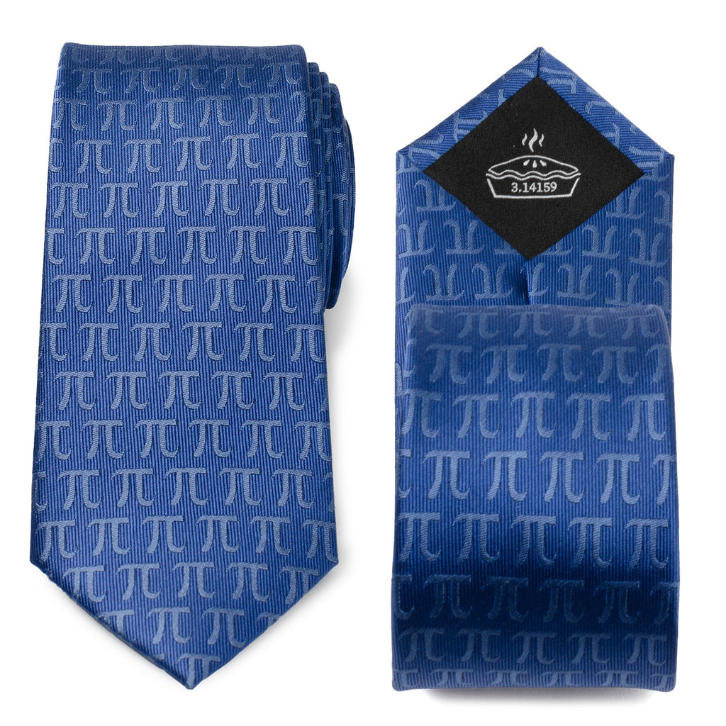 Close up of a blue necktie with a repeating grey Pi symbol pattern against a white background.
