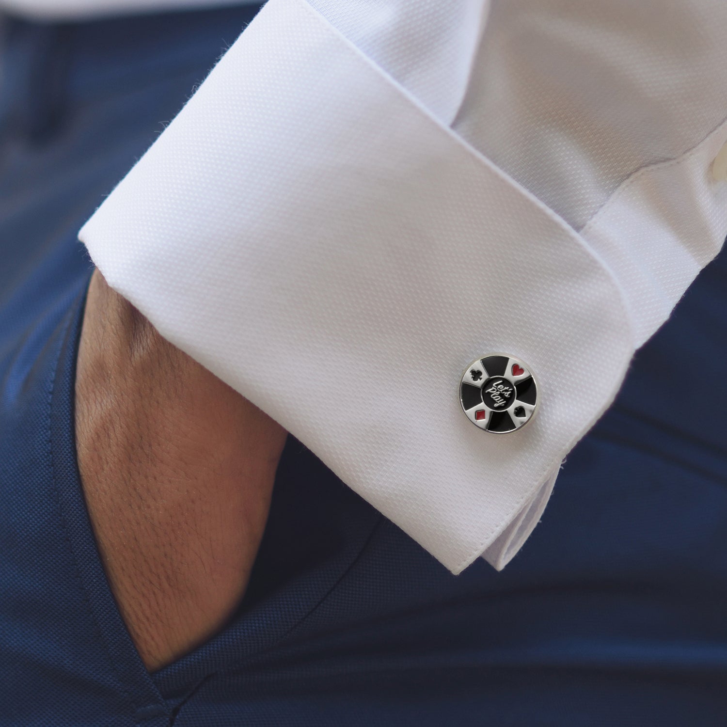 Poker Chip Cufflinks with Let's Play Design in Black and Silver - Image 2