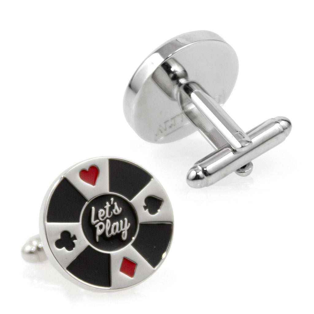 Poker Chip Cufflinks with Let's Play Design in Black and Silver - Image 3