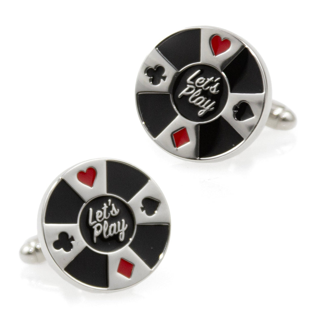 Round poker chip cufflinks with Let's Play text and card suit symbols in black, red, and silver