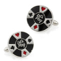 Round poker chip cufflinks with Let's Play text and card suit symbols in black, red, and silver
