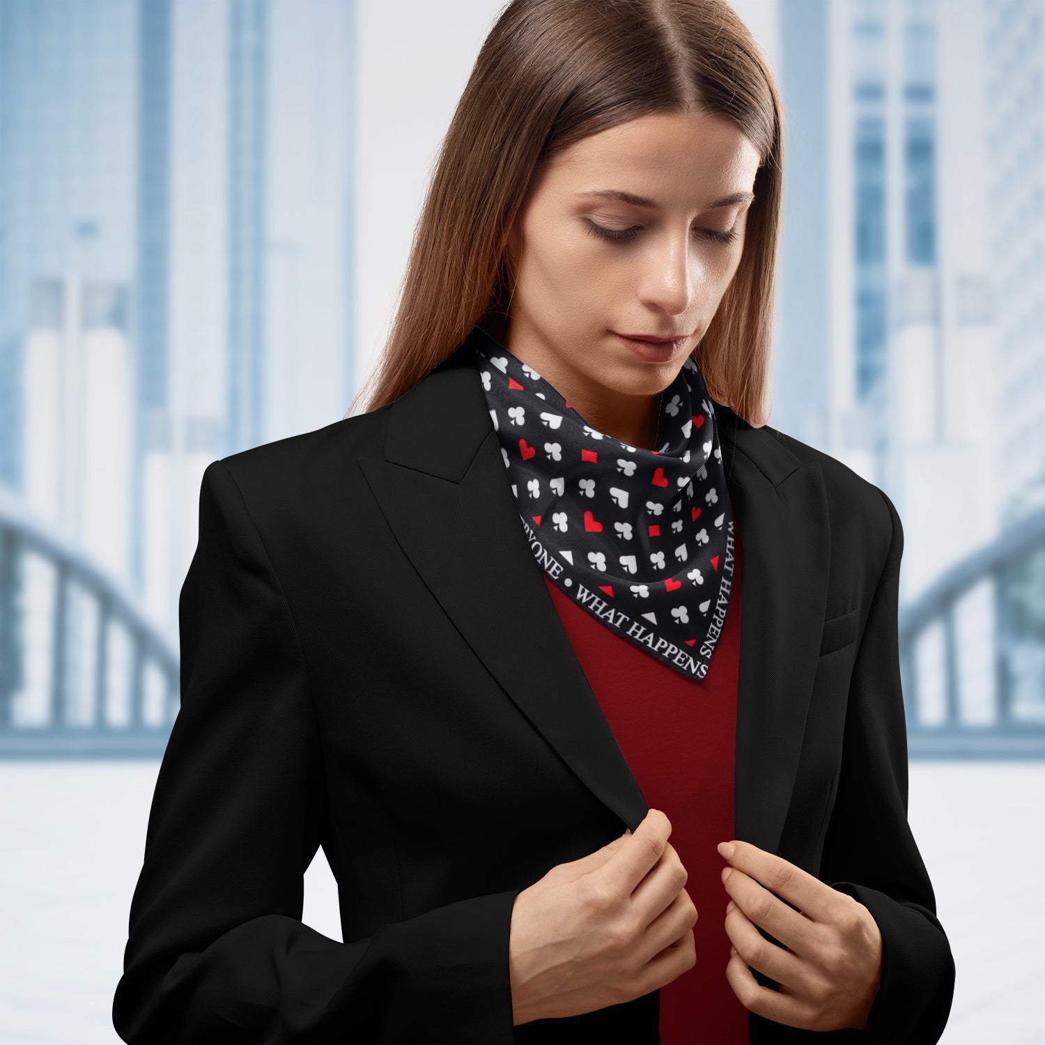 Satin Casino Playing Card Pattern Scarf Black Red White - Image 2