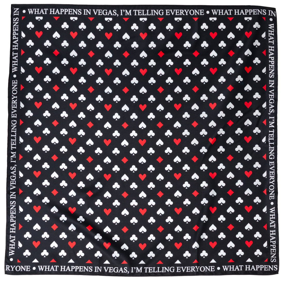 A black satin scarf featuring a repeating pattern of white spades and clubs with red hearts and diamonds, bordered by text.
