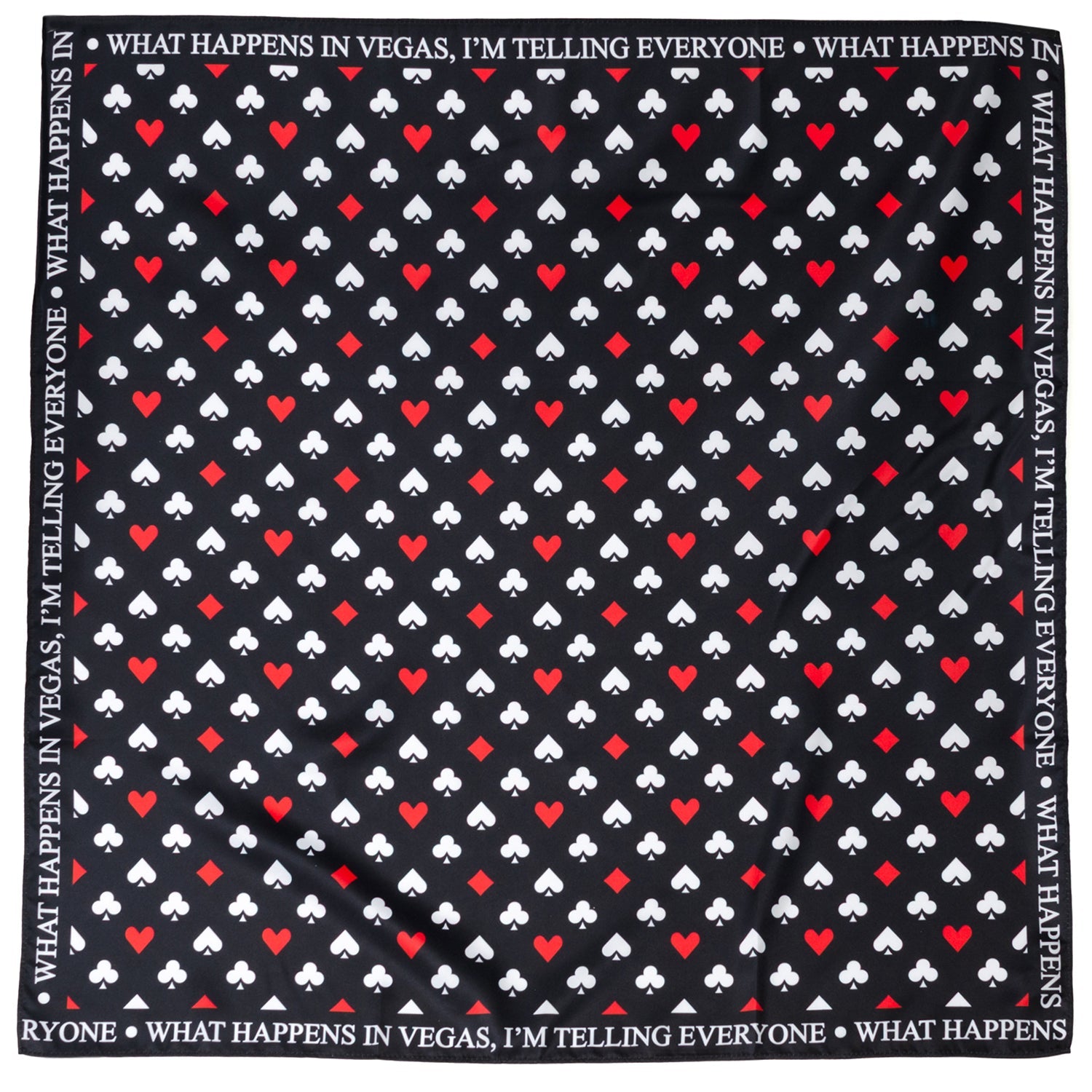 A black satin scarf featuring a repeating pattern of white spades and clubs with red hearts and diamonds, bordered by text.