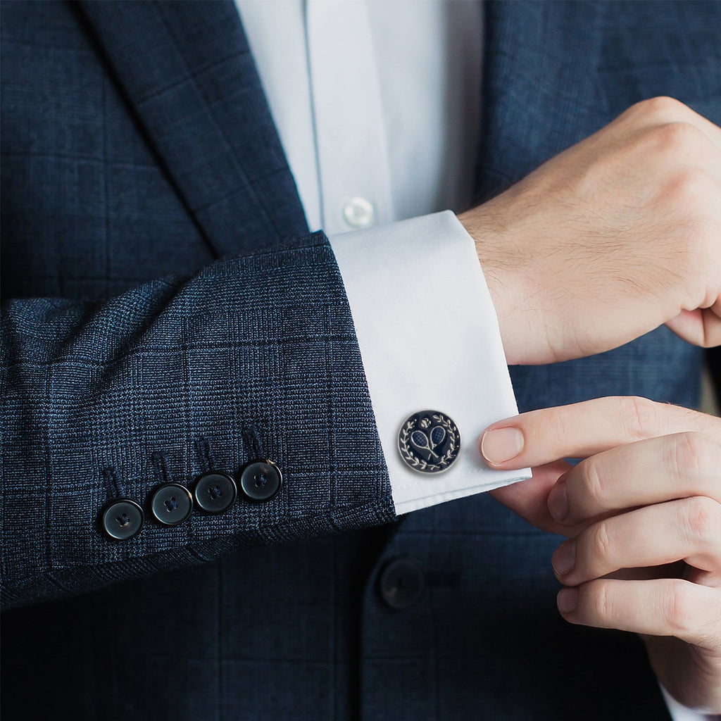 Tennis Ball and Racquet Cufflinks in Navy and Silver Tone - Image 2