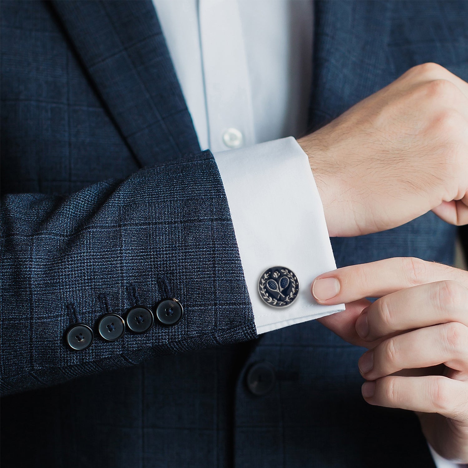 Tennis Ball and Racquet Cufflinks in Navy and Silver Tone - Image 2