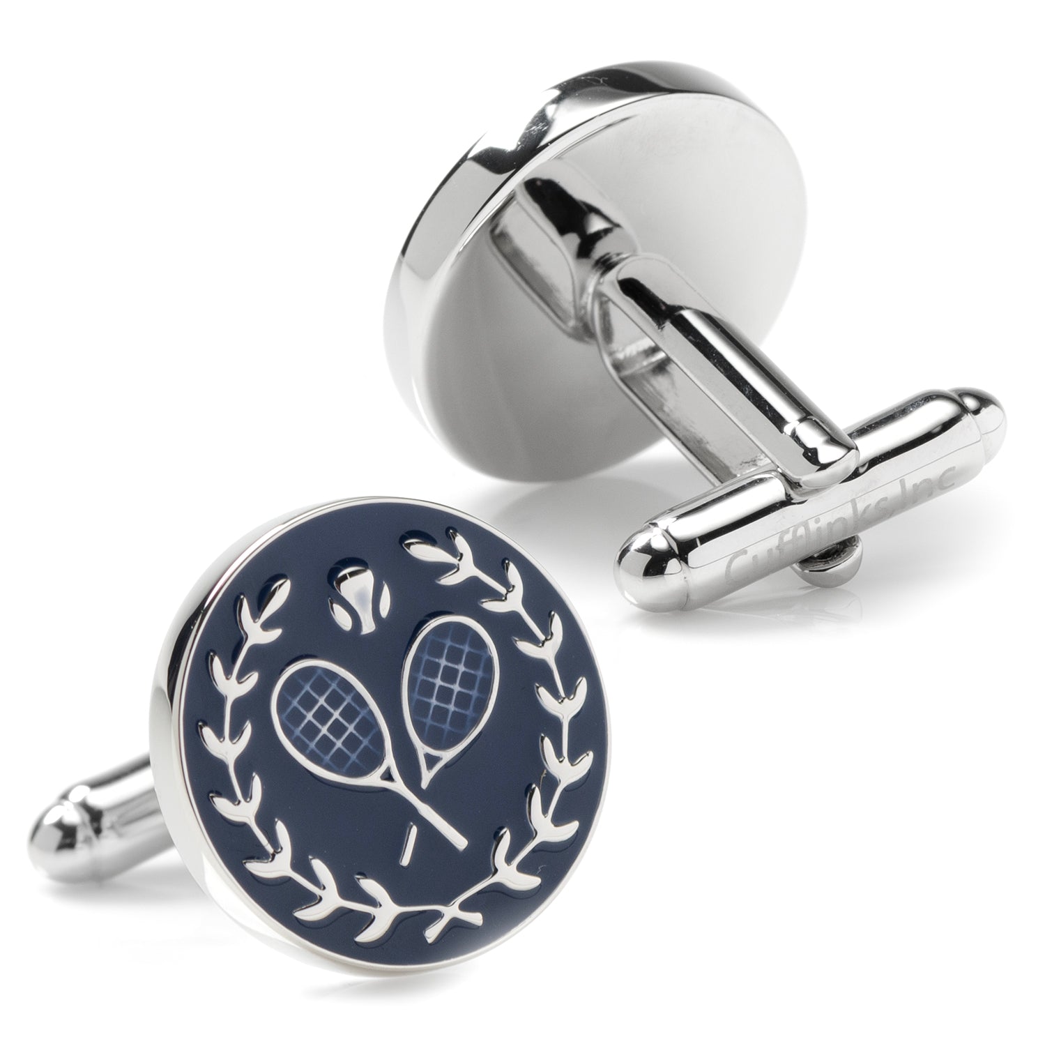Tennis Ball and Racquet Cufflinks in Navy and Silver Tone - Image 3
