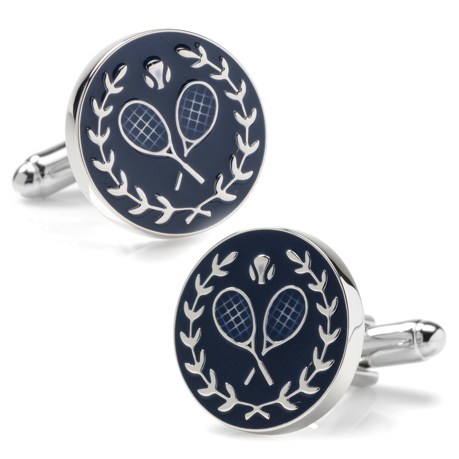 A pair of navy and silver-tone round cufflinks featuring a tennis ball and racquet design.