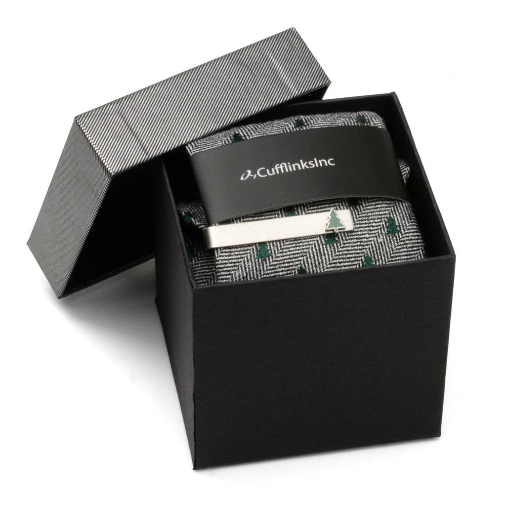 Holiday Tree Print Gray Herringbone Tie and Tie Bar Gift Set - Image 2