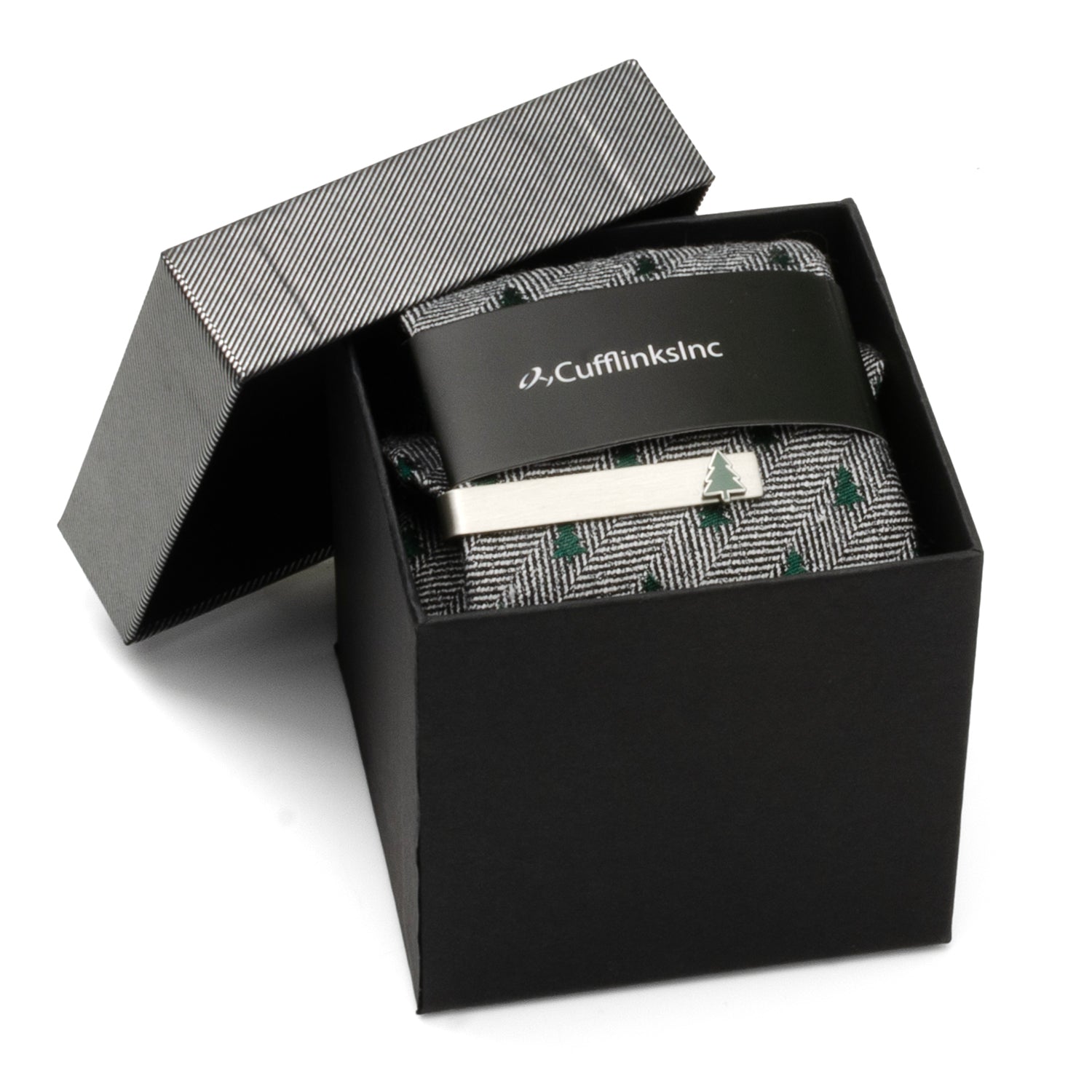 Holiday Tree Print Gray Herringbone Tie and Tie Bar Gift Set - Image 2