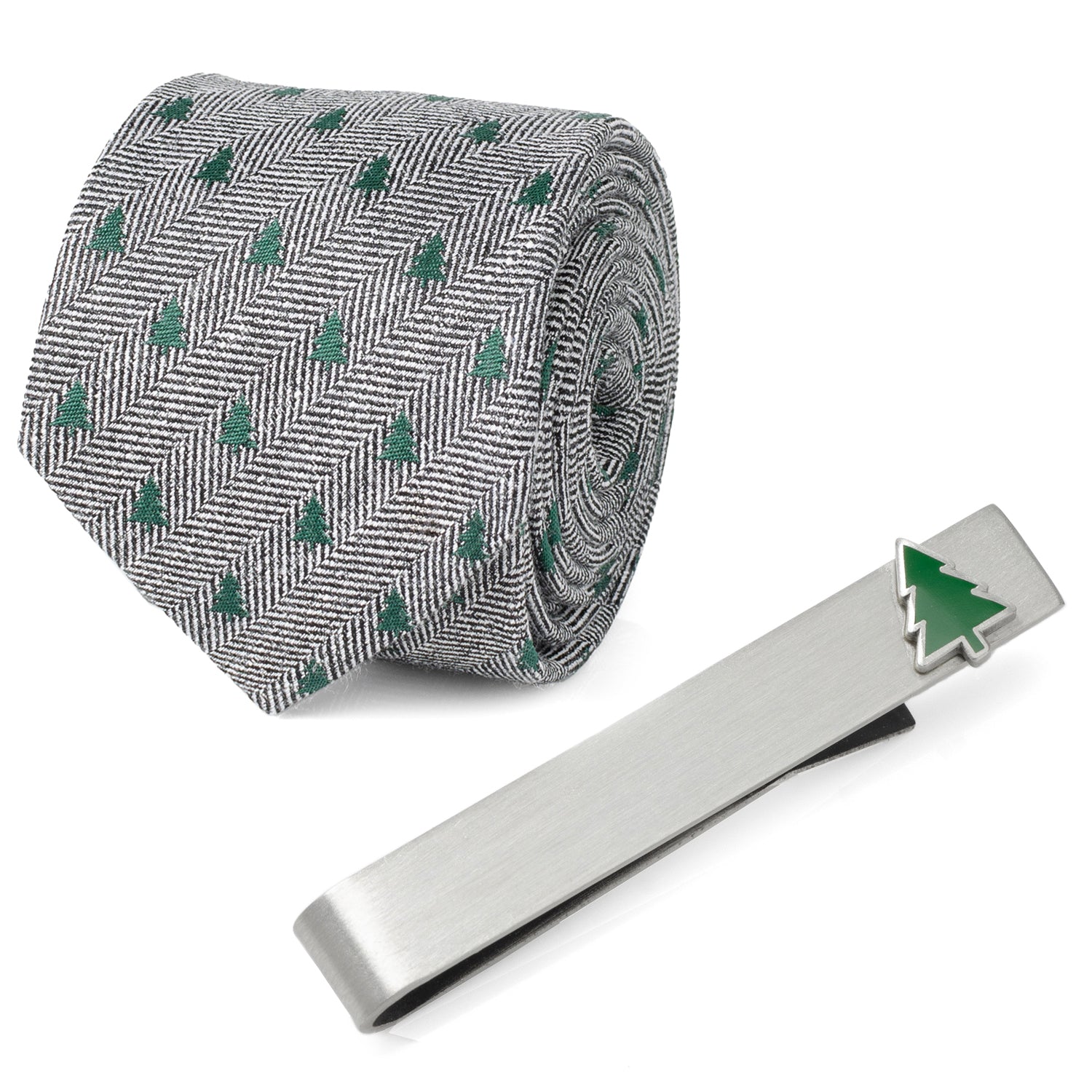 Gray herringbone necktie with small green Christmas tree pattern paired with a silver tie bar featuring a matching tree icon, displayed in a gift box.