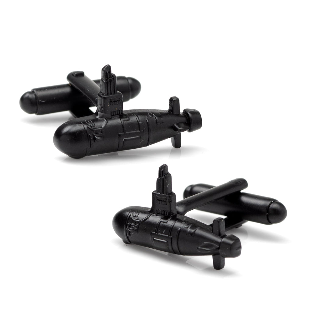 Detailed 3D black US submarine shaped cufflinks on a white background