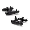 Detailed 3D black US submarine shaped cufflinks on a white background