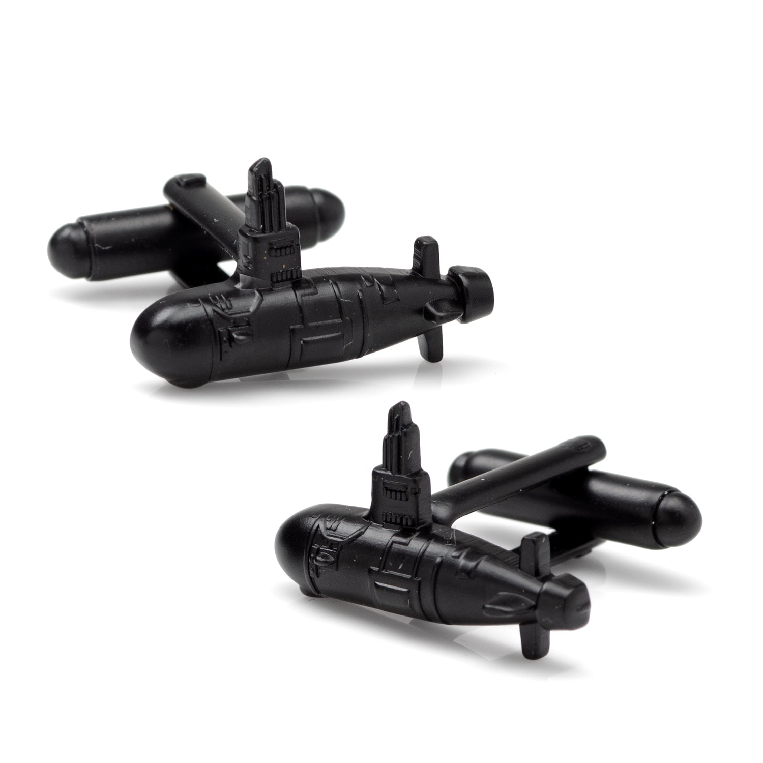 Detailed 3D black US submarine shaped cufflinks on a white background