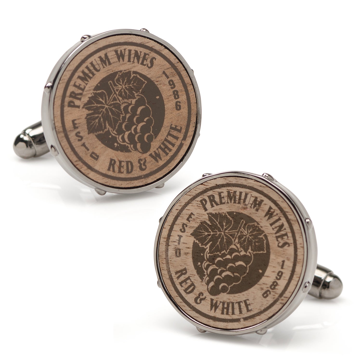 Round wine barrel themed metal cufflinks featuring Premium Wines branding