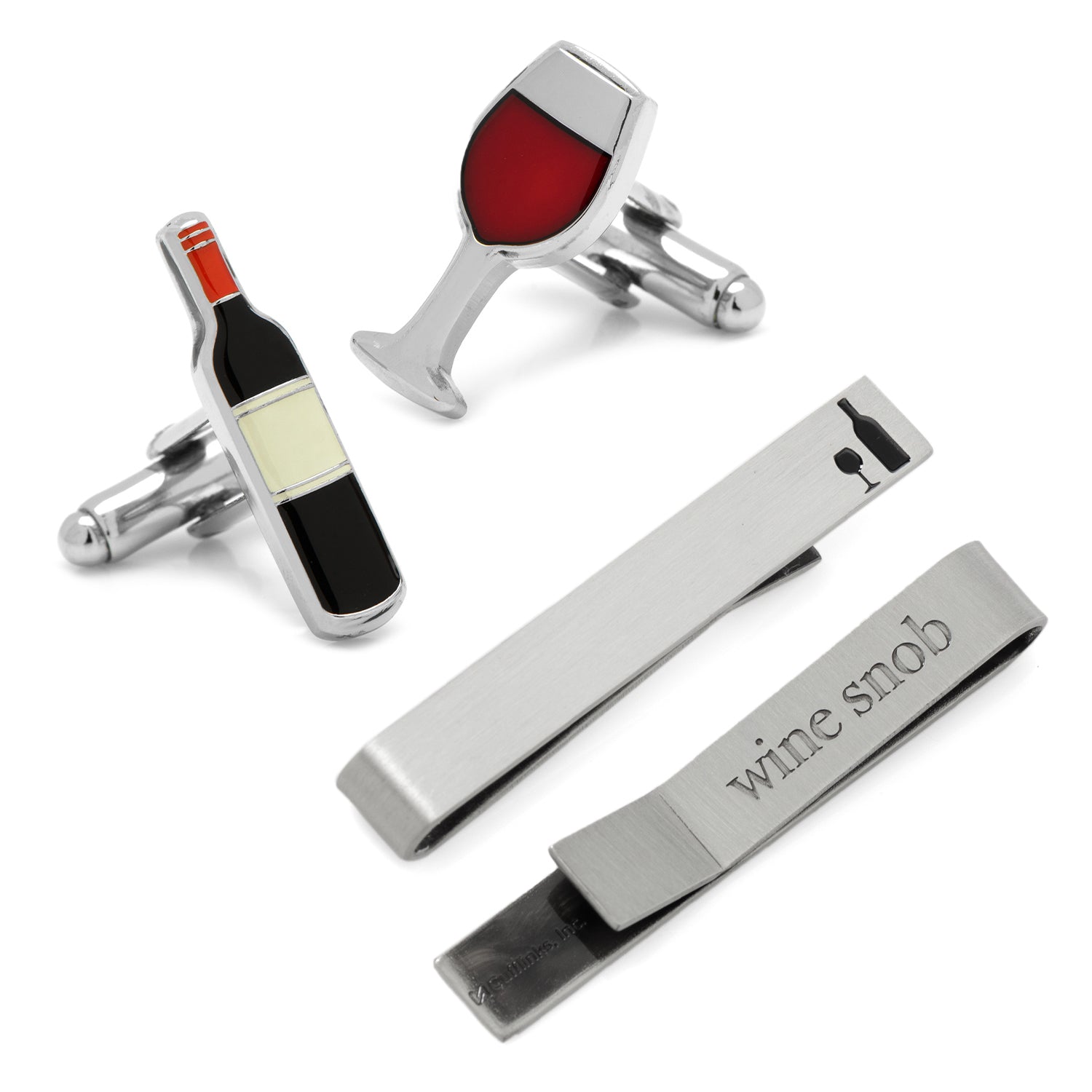 Wine lover gift set with bottle and wine glass cufflinks and an engraved silver tie bar in a presentation box
