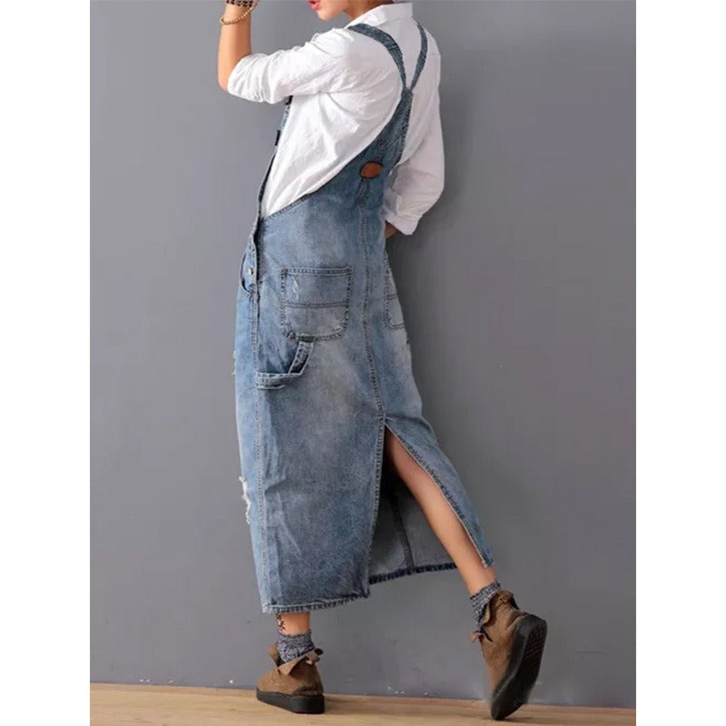 Distressed Blue Denim Overall Midi Dress with Adjustable Straps - Image 5