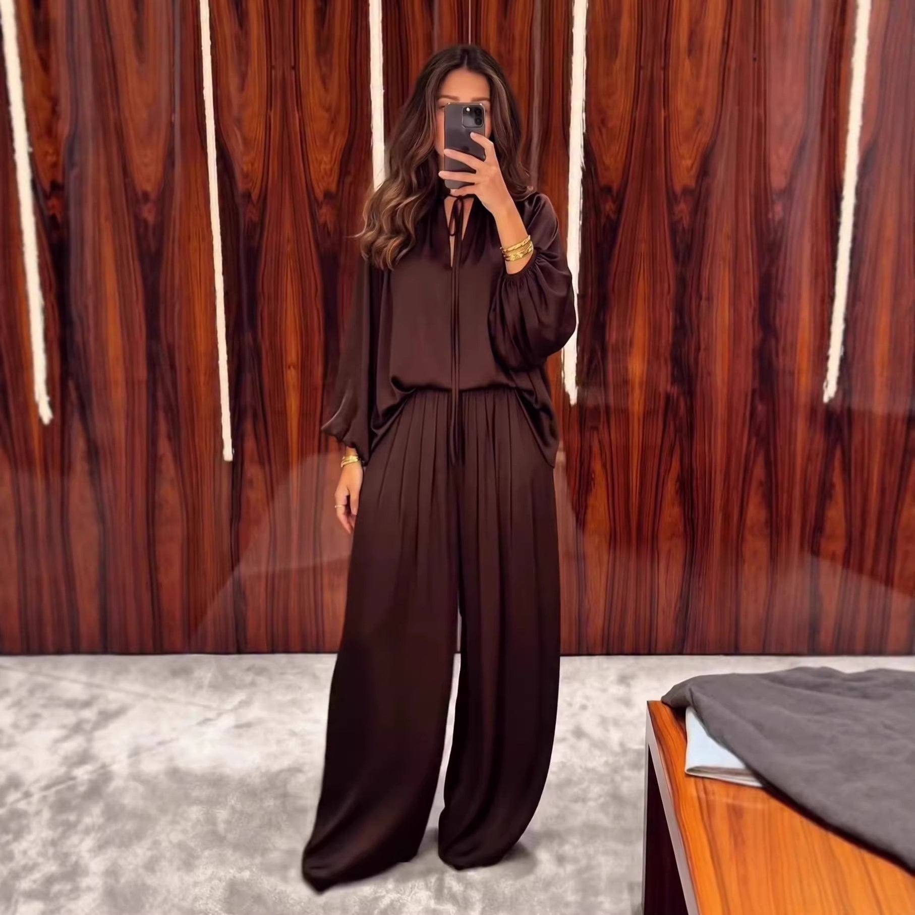 Women's V-Neck Lace-Up Bishop Sleeve Wide-Leg Pants Set