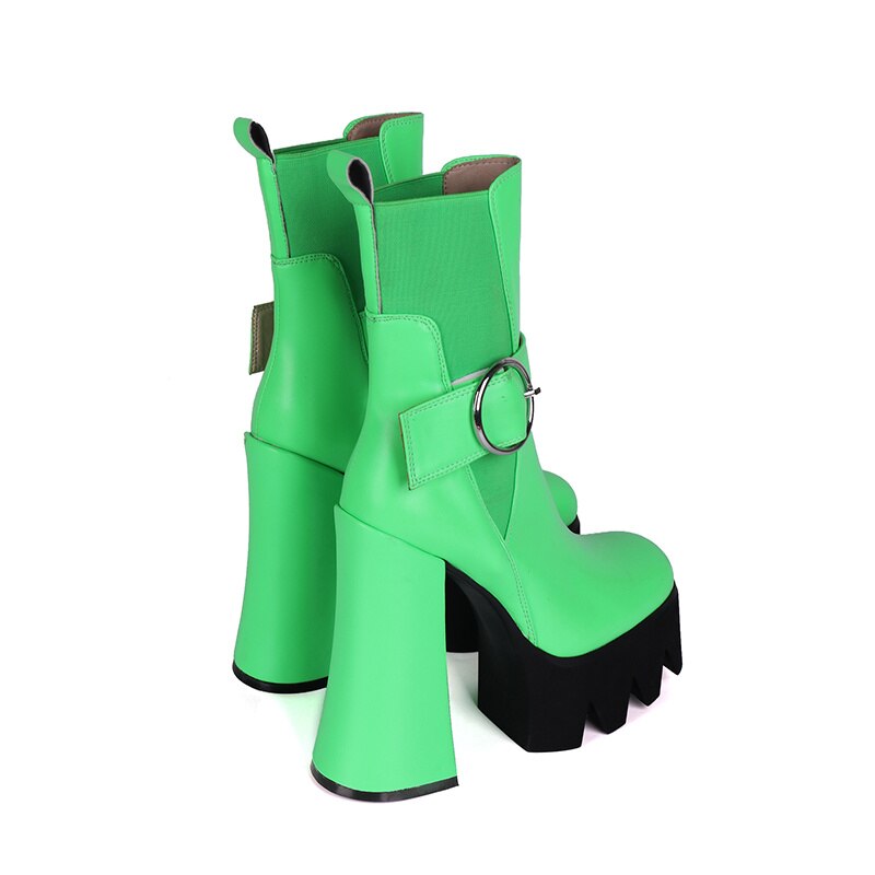 Women's Neon Green Platform Ankle Boots with Chunky Heels - Image 2