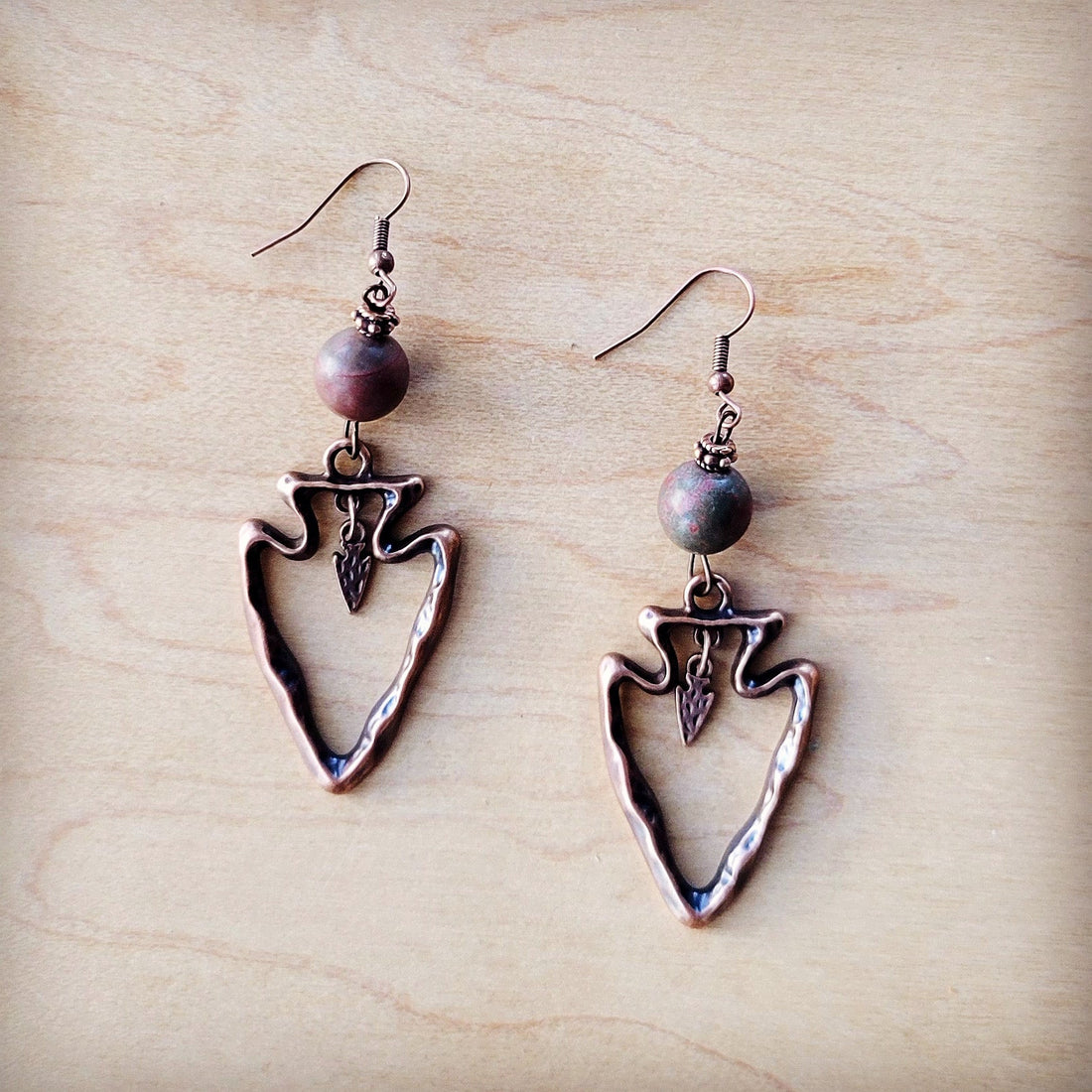 **Copper Arrow Earrings w/ Genuine Picasso Jasper Beads 225q