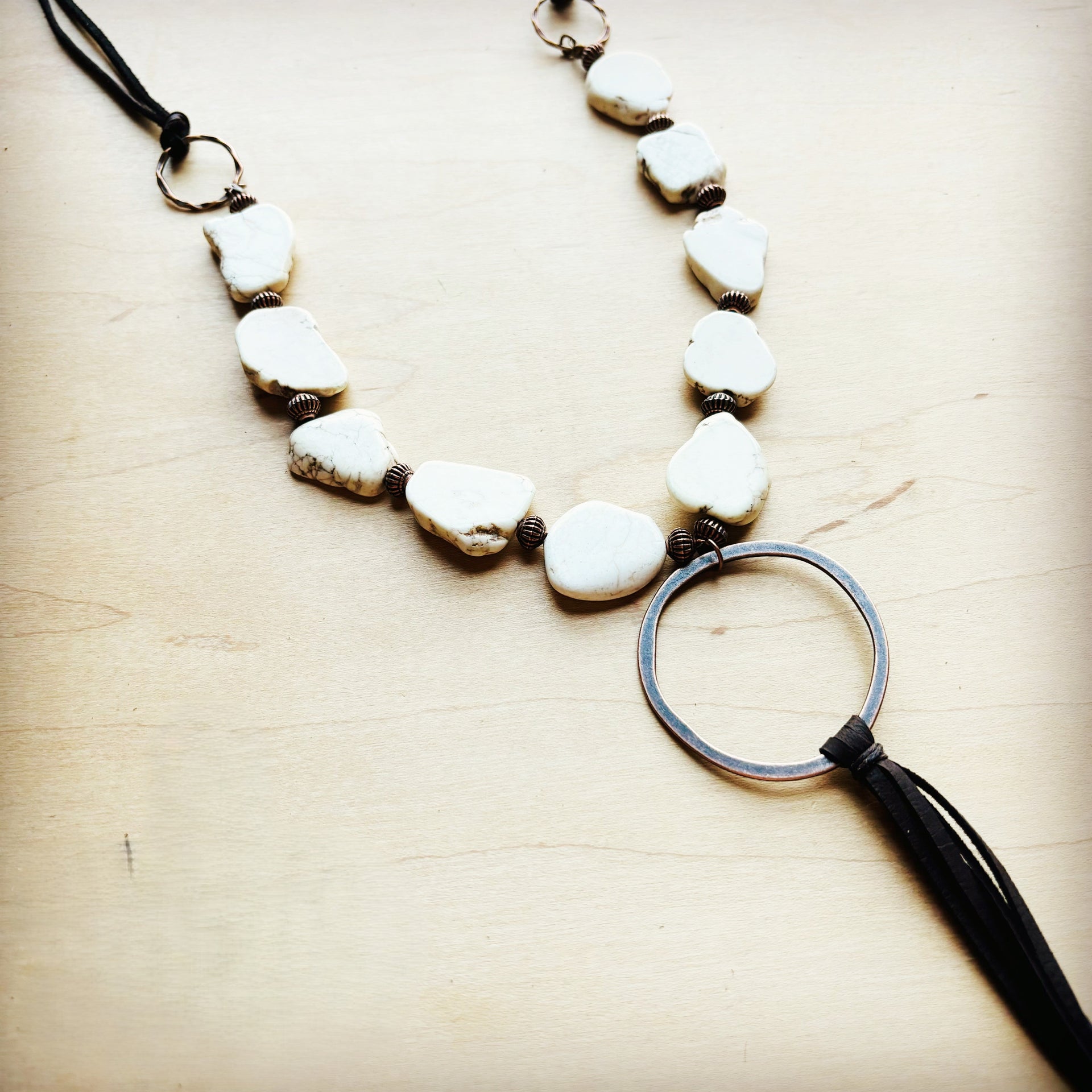 White Turquoise Chunky Necklace Leather Tassel