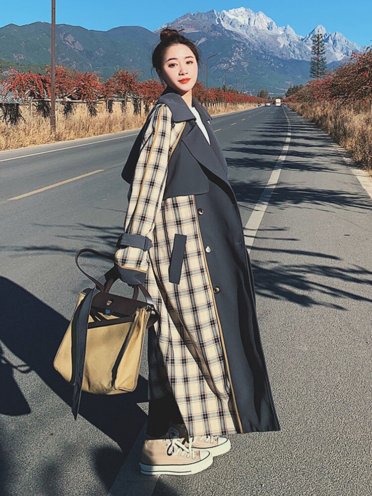 Women's Retro Plaid Patchwork Over-The-Knee Windbreaker Coat - Image 7