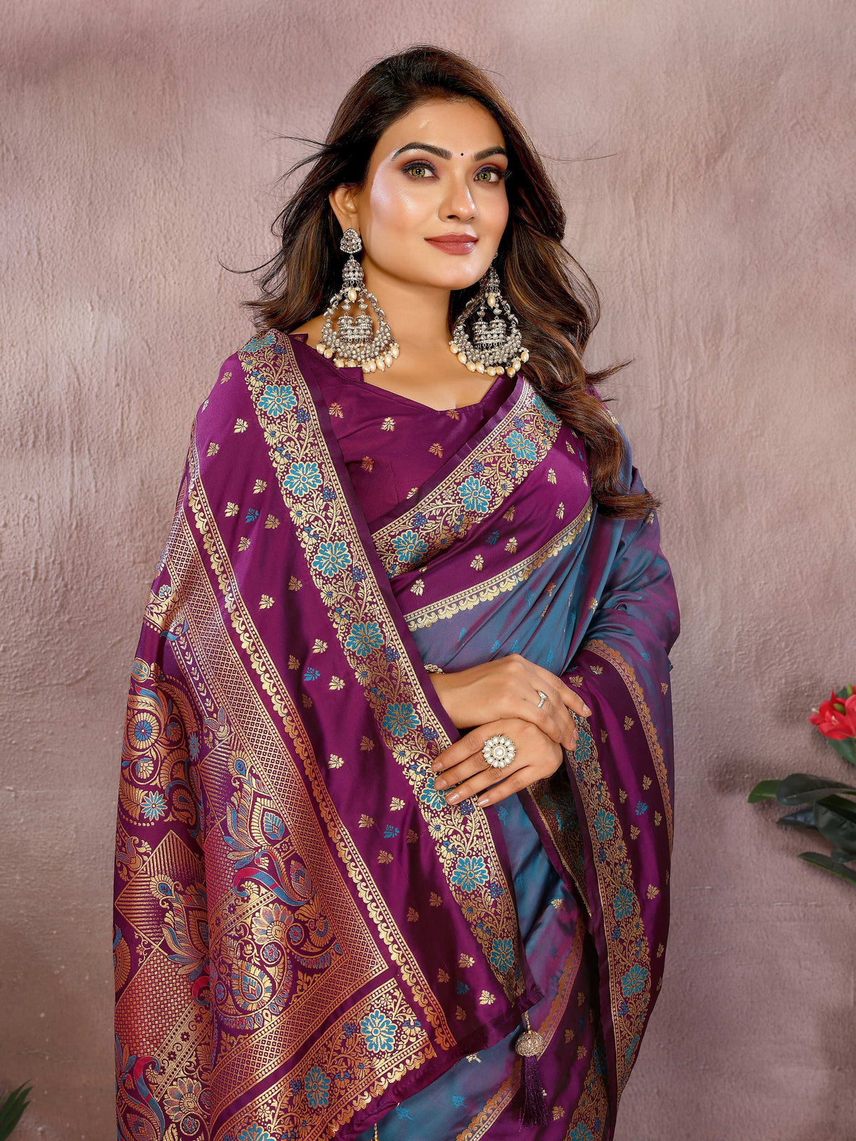 Grey Kalamkari Silk Saree with Zari Woven Detail and Purple Blouse
