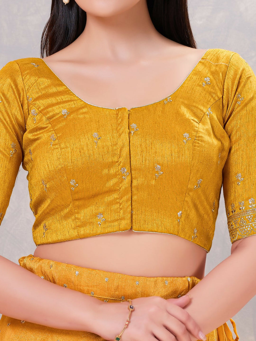 Women's Mustard Silk Round Neck Stitched Blouse