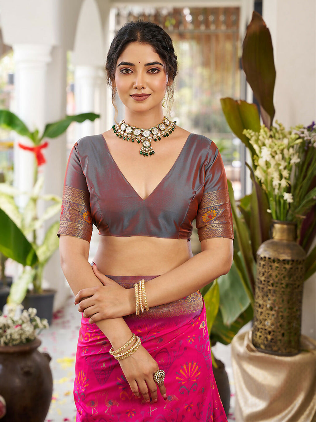 Pink Soft Silk Saree with Grey Blouse