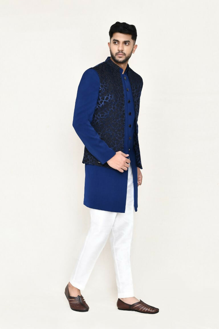 Blue Imported Jacquard Open Jacket Indo Western Set with Pant