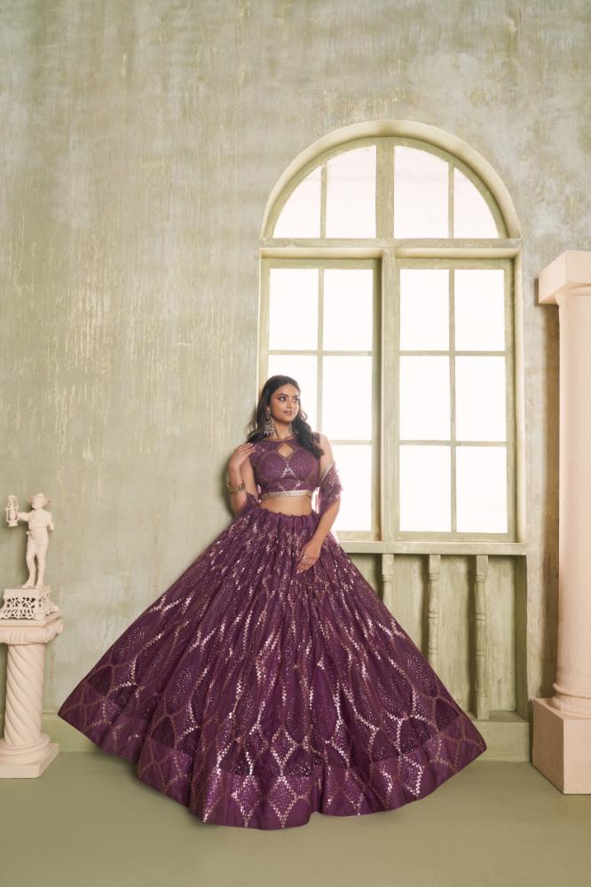 Wine Butterfly Net Lehenga Choli with Tone-to-Tone Embroidery